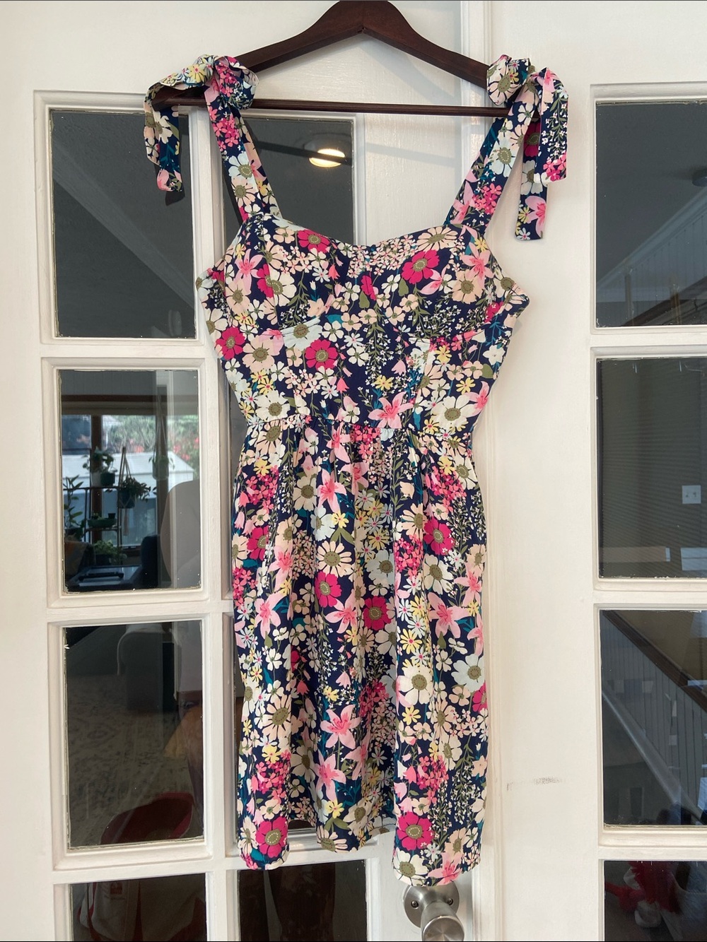As U Wish Navy Floral Tie-Shoulder Smocked MiniSundress with Pink & White Blooms